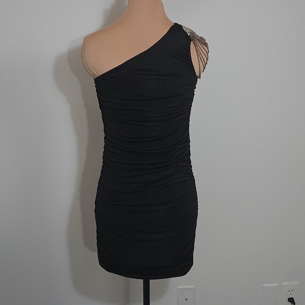 Black One-Shoulder Mini Dress with Beaded Shoulder Size Small Treasure Rock - Picture 4 of 13